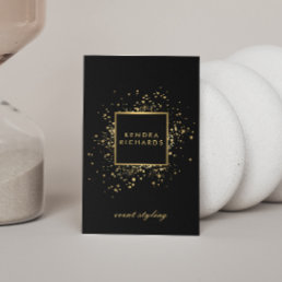 Scattered Faux Gold Confetti on Modern Black Business Card