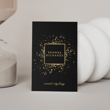 Scattered Faux Gold Confetti On Modern Black Business Card