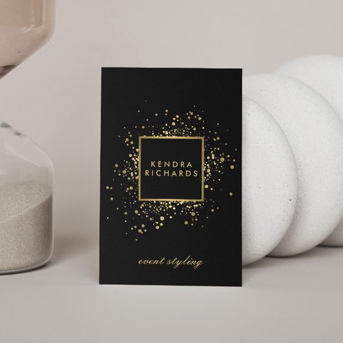 Scattered Faux Gold Confetti on Modern Black Business Card