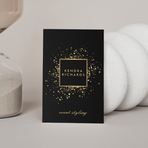 Customizable Scattered Faux Gold Confetti on Modern Black Business Card