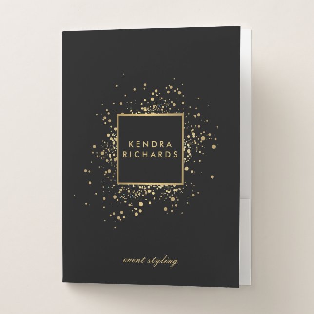 Scattered Faux Gold Confetti on Modern Black Pocket Folder (Front)