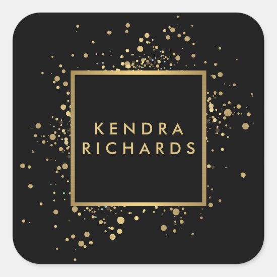 Scattered Faux Gold Confetti on Modern Black Square Sticker