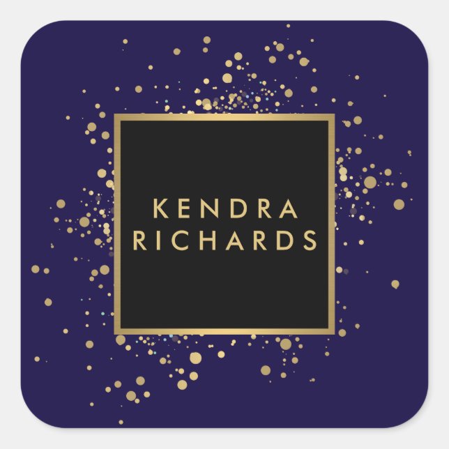 Scattered Faux Gold Confetti on Modern Blue Square Sticker (Front)