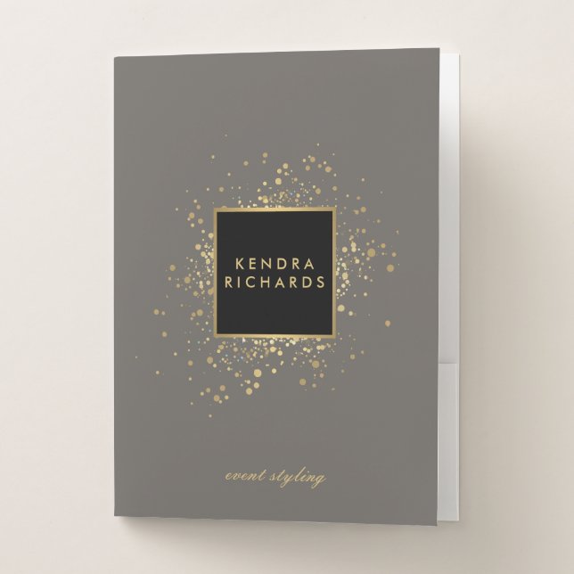 Scattered Faux Gold Confetti on Modern Gray Pocket Folder (Front)