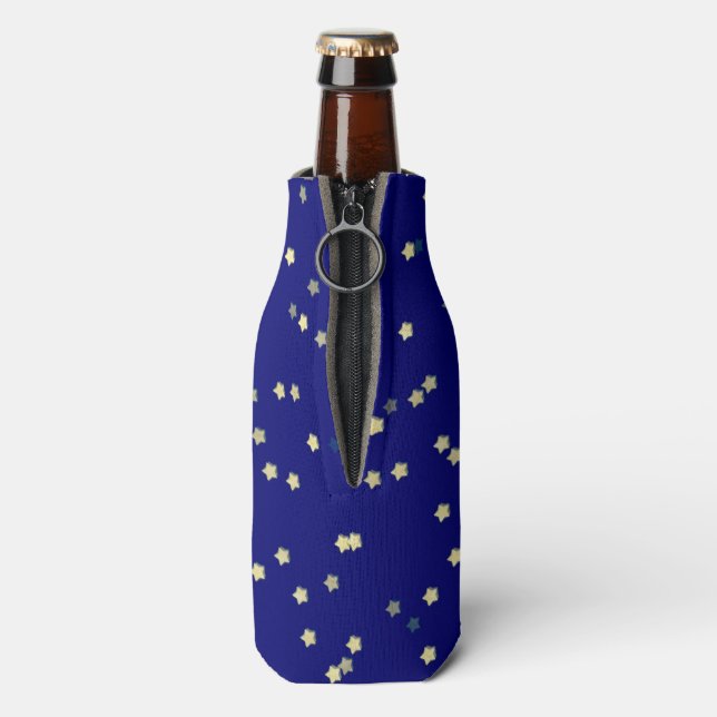 Scattered Gold Stars On Blue Bottle Cooler (Bottle Back)