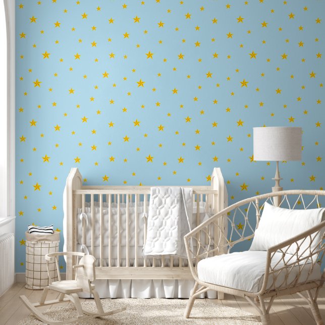 Scattered Golden Yellow Stars on Light Blue Wallpaper (Kids)