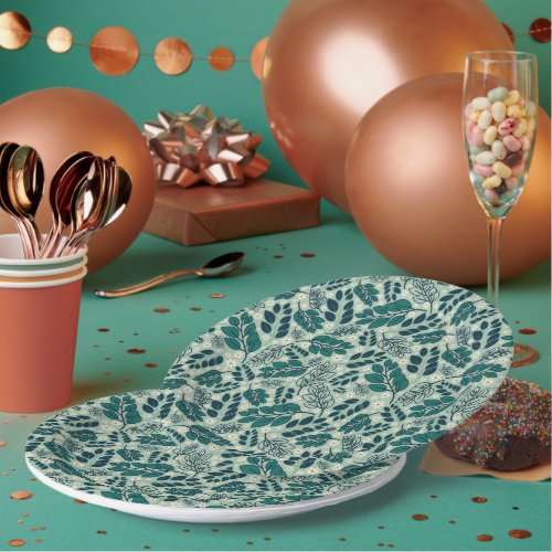 Scattered Green Leaves Paper Plate