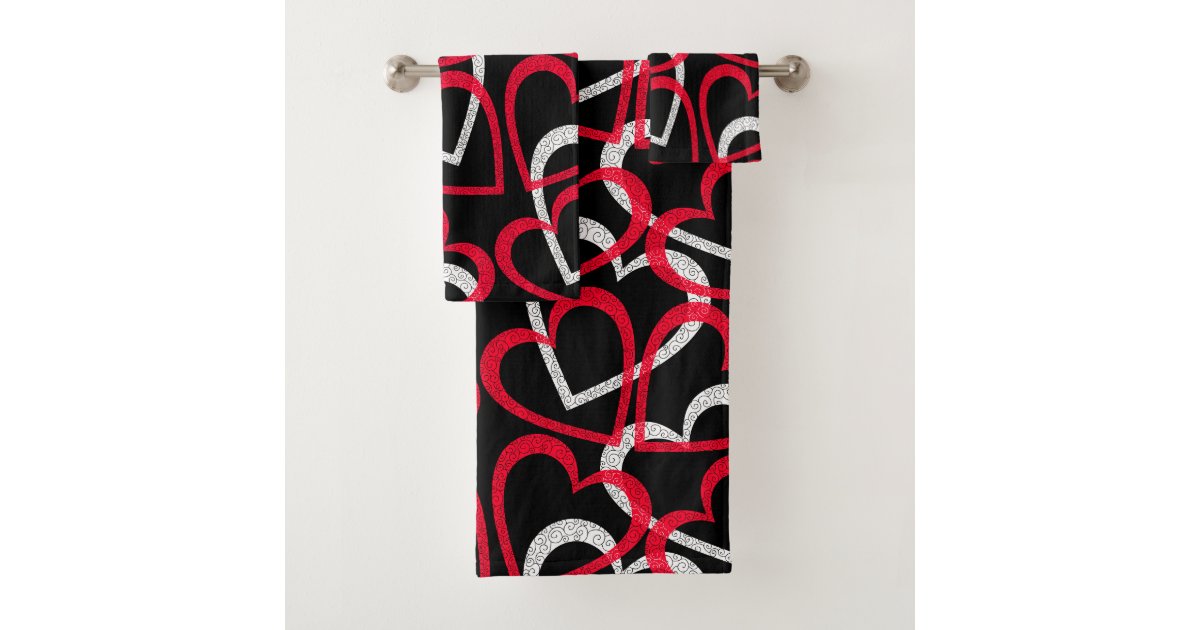Scattered Interlocking Red & White Hearts on Black Bath Towel Set Zazzle