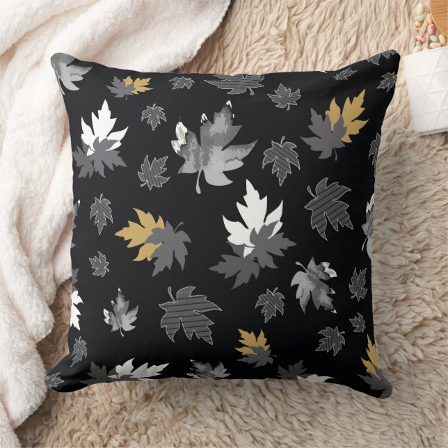 Scattered Leaves on Black Throw Pillow (Blanket)