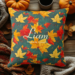 Scattered Maple Autumn Leaves Pattern in Green Throw Pillow