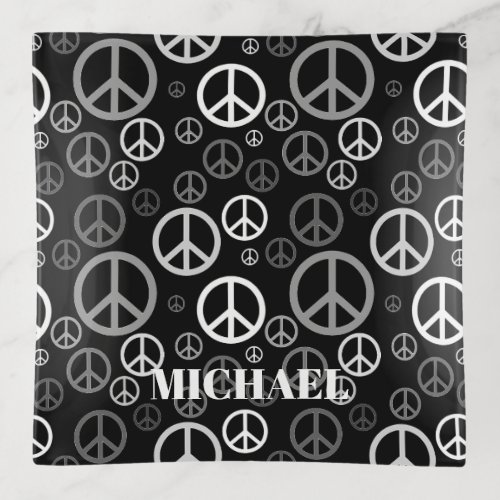 Scattered Peace Signs Black and White SPST Trinket Tray