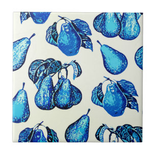 Scattered Pear Print in Indigo Blue and White Ceramic Tile