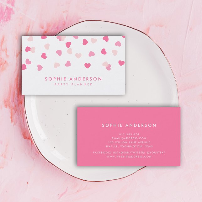 Scattered Pink Hearts Confetti Business Card (Creator Uploaded)