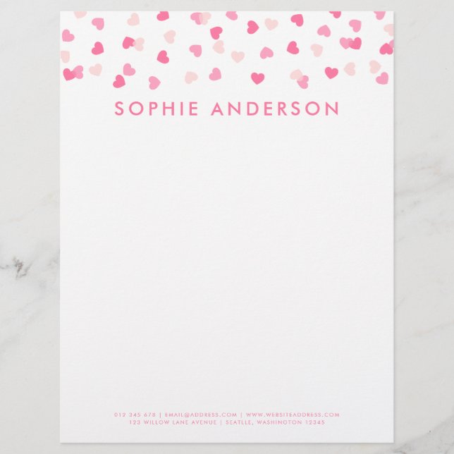 Scattered Pink Hearts Confetti Letterhead (Front)
