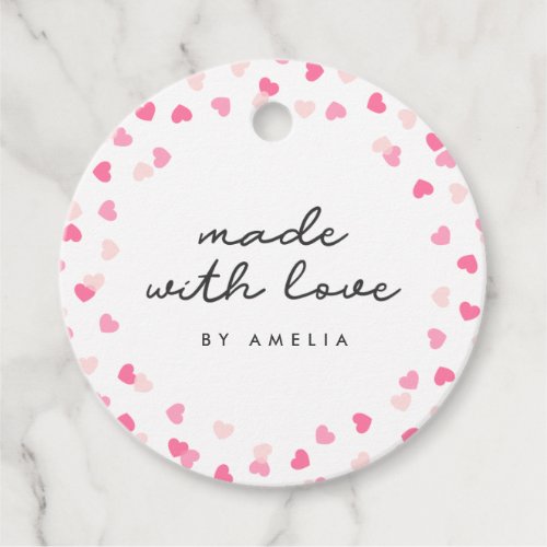 Scattered Pink Hearts Confetti Made With Love Favor Tags