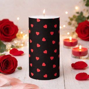 Scattered Red Heart Pattern on Black Pillar Candle