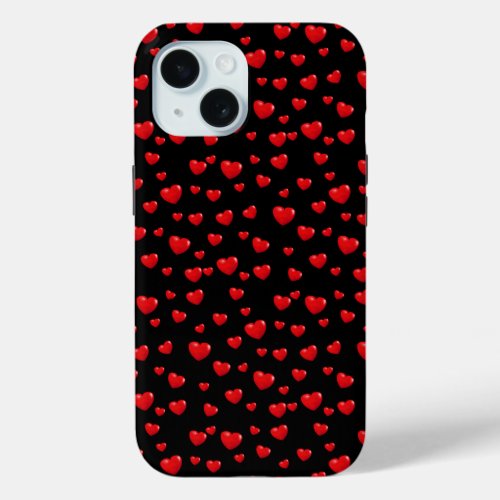 Scattered Red Hearts On Black iPhone 15 Case