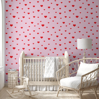 Scattered Red Hearts on Light Pink Wallpaper