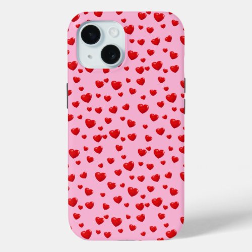 Scattered Red Hearts On Pink iPhone 15 Case