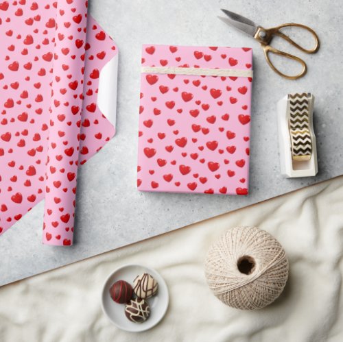 Scattered Red Hearts On Pink Wrapping Paper