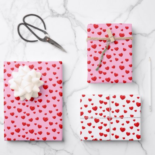 Scattered Red Hearts On Pink Wrapping Paper Sheets