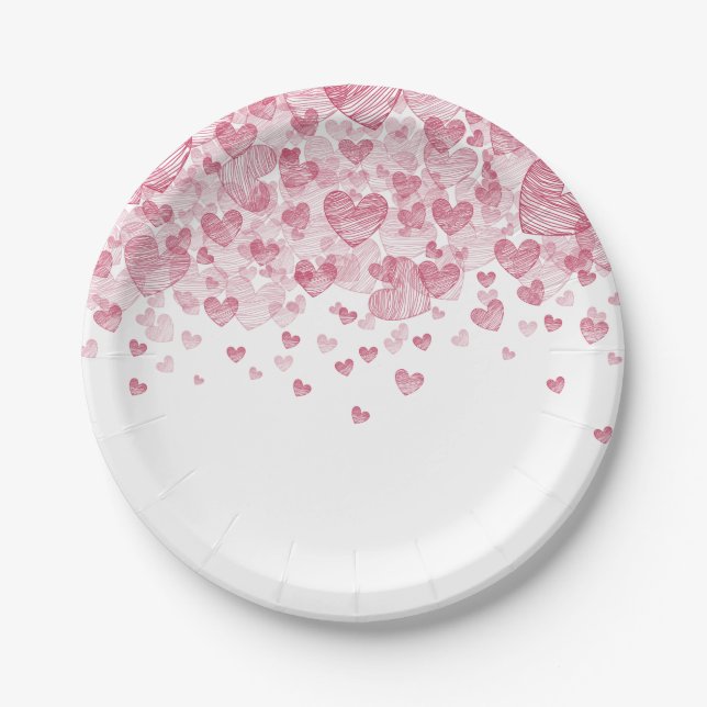 Scattered Red Hearts Valentine's Day Party Paper Plates (Front)