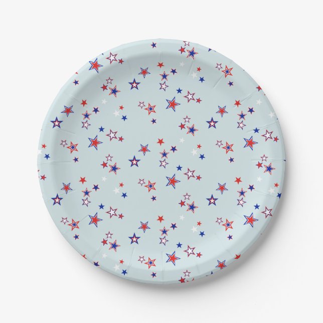 Scattered Red, White, and Blue Stars Patriotic Paper Plates (Front)