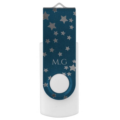 Scattered Silver Stars on Blue Monogram Flash Drive