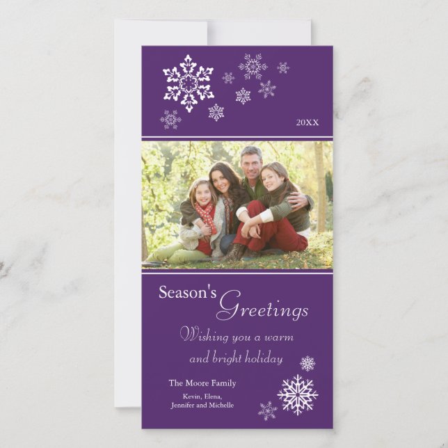 Scattered Snowflakes Holiday Photocard (purple) Card (Front)