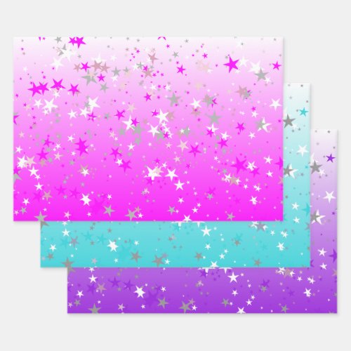 Scattered Stars Confetti on PinkTurquoisePurple Wrapping Paper Sheets