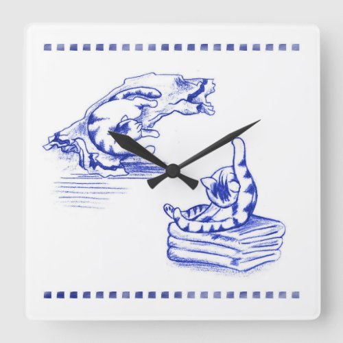 Scattered Towels Kitty Cat Bathroom Toile Look Square Wall Clock