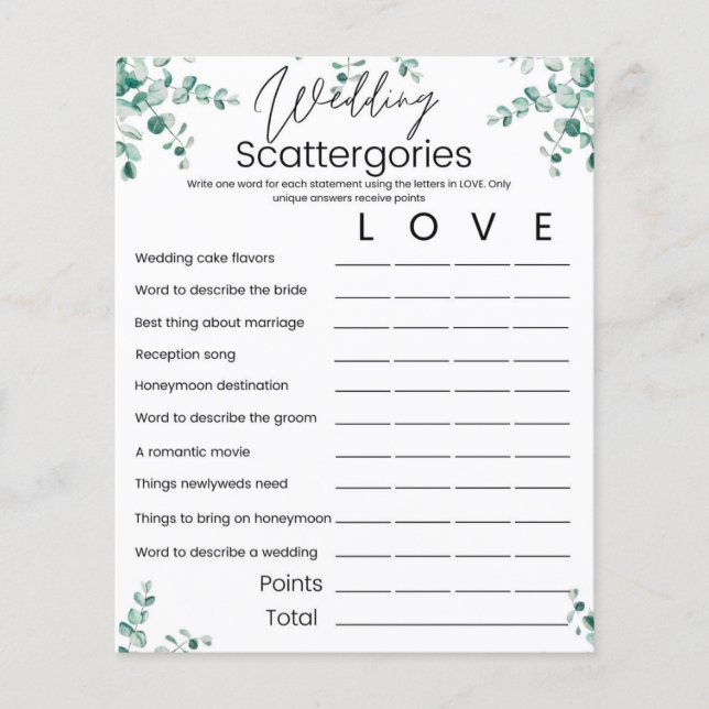 Scattergories Bridal Shower Game Card Flyer (Front)
