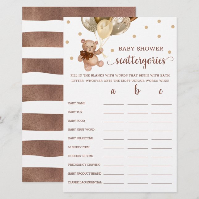 Scattergories Game Baby Shower Teddy Bear  (Front/Back)