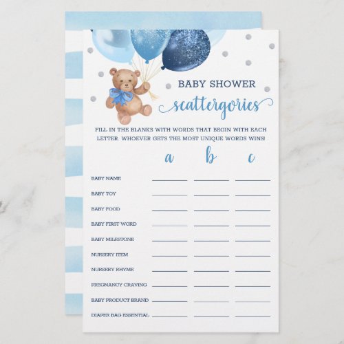 Scattergories Game Baby Shower Teddy Bear 