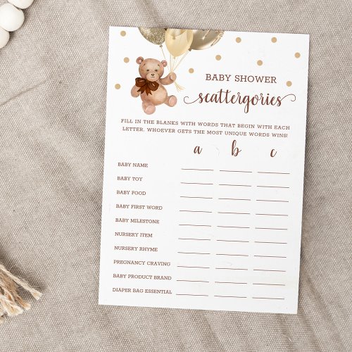 Scattergories Game Baby Shower Teddy Bear Card