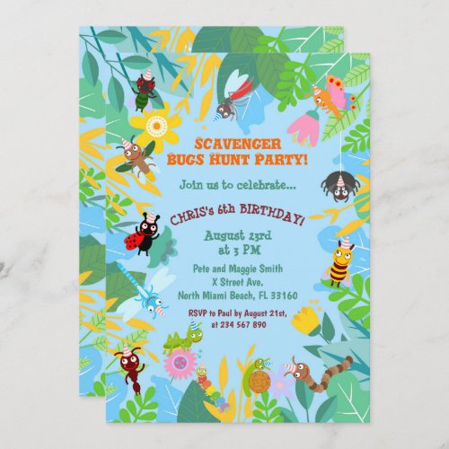 Scavenger bugs hunt birhtday party invitation