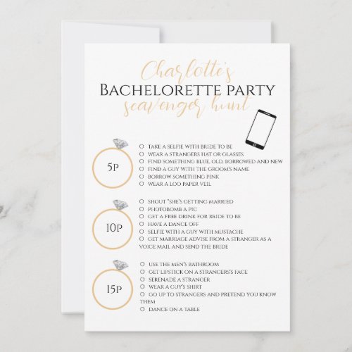 Scavenger Hunt Bachelorette Party Gold Photo Game Card