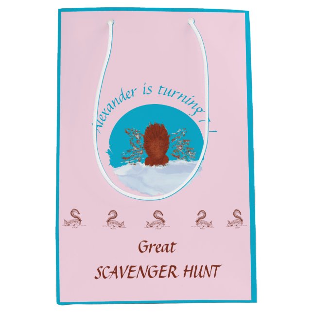 Scavenger hunt fun squirrel digging custom on pink medium gift bag (Front)