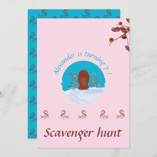 Scavenger hunt fun squirrel digging on pastel pink invitation (Front/Back)