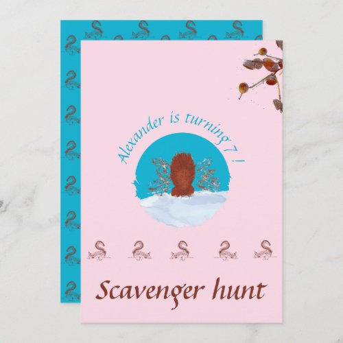 Scavenger hunt fun squirrel digging on pastel pink invitation