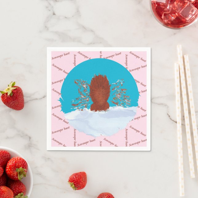Scavenger hunt fun squirrel digging on pastel pink napkins (Insitu)