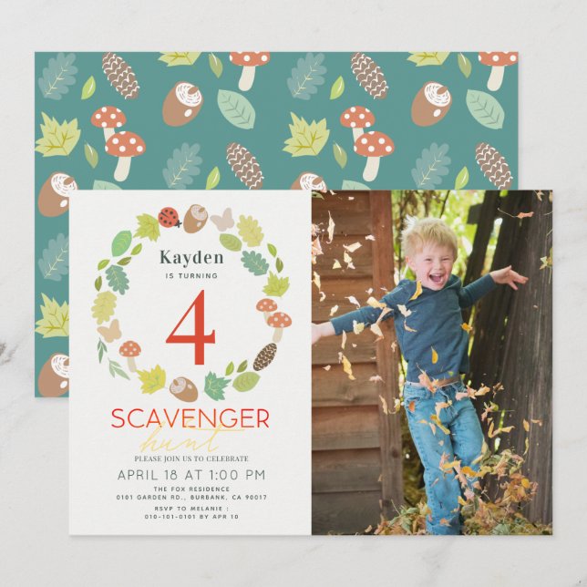 Scavenger Hunt Nature Trail Teal Photo Birthday Invitation (Front/Back)