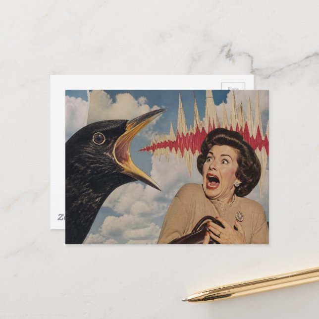 Sceaming Black Bird and Retro Lady Postcard (Front/Back In Situ)