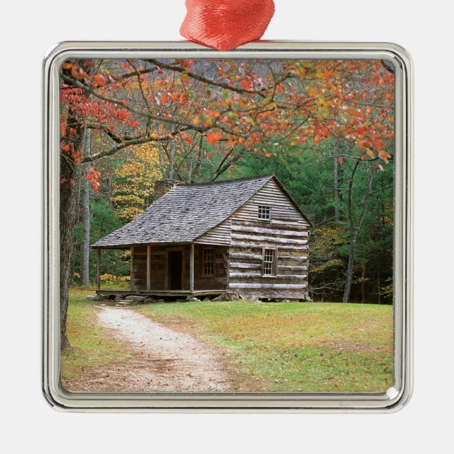 Scene Historic Log Cabin In Smoky Metal Ornament (Front)