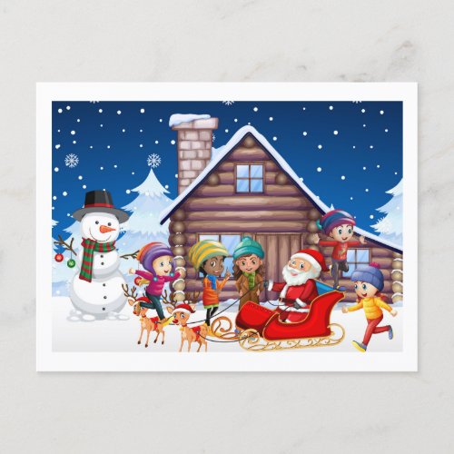 Scene with kids and santa on christmas night holiday postcard