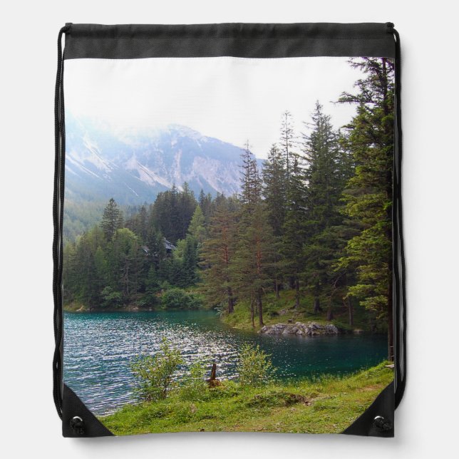 Scenic Alpine Forrest and Lake Photo Drawstring Bag (Front)