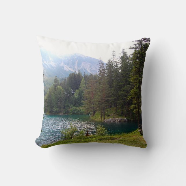 Scenic Alpine Forrest and Lake Photo Throw Pillow (Front)