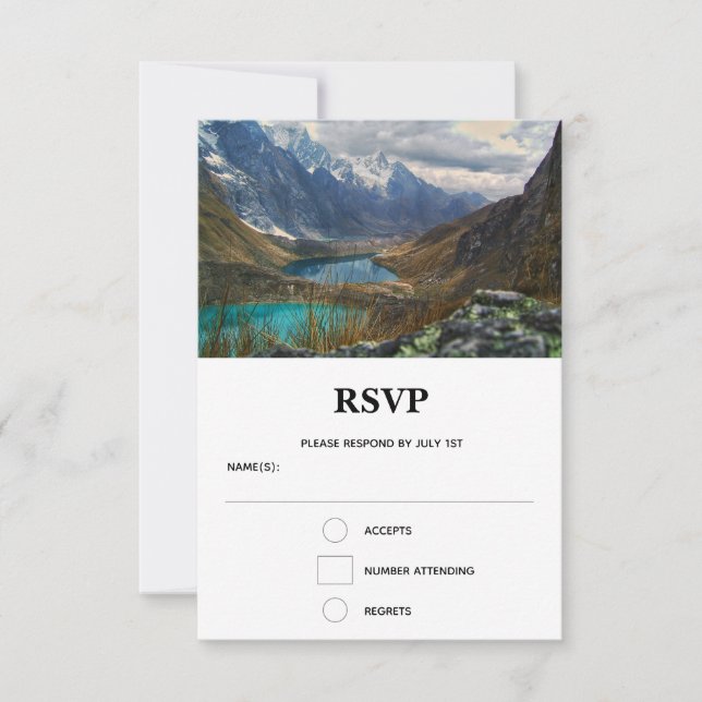 Scenic Alpine Mountains Photo Wedding RSVP Card (Front)