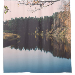 Scenic autumn colored river in country with trees shower curtain