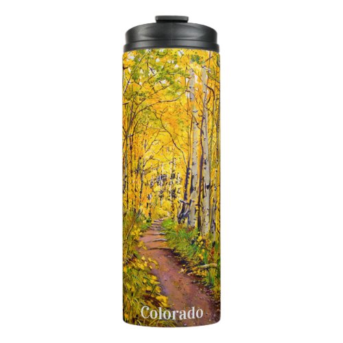 Scenic Autumn Trail in Aspen Tree Grove Thermal Tumbler